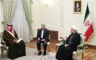  ??  ?? TEHRAN: Iranian President Hassan Rouhani (right) meets Kuwaiti Foreign Minister Sheikh Sabah Al-Khaled AlSabah yesterday, where Sheikh Sabah Al-Khaled delivered a letter from HH the Amir on the troubled ties between the Islamic republic and its Arab...