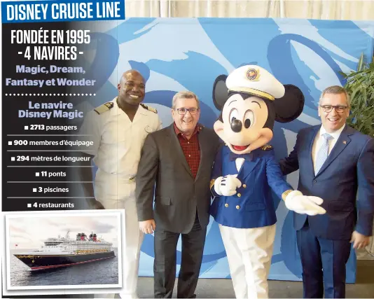  ??  ?? Clinton Lindsey, de la compagnie Disney, Régis Labeaume, maire de Québec, le célèbre personnage Mickey et Mario Girard, président-directeur général du Port de Québec, ont annoncé hier le passage des croisières Disney à Québec en septembre 2018.