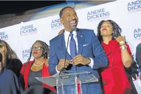  ?? AP PHOTO/BEN GRAY ?? Atlanta Mayor-elect Andre Dickens gives his victory speech Tuesday in Atlanta. Dickens, a city council member, won a runoff, riding a surge of support that powered him past the council’s current president, Felicia Moore, after finishing second to her in November.