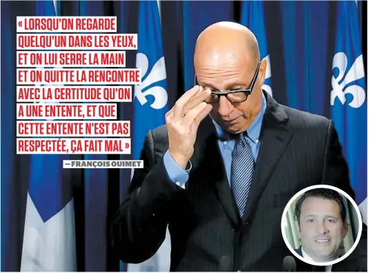  ?? PHOTOS CAPTURE D’ÉCRAN, TVA NOUVELLES ET D’ARCHIVES ?? Le député et vétéran libéral de Marquette, François Ouimet, qui s’est senti trahi par son chef Philippe Couillard, peinait à retenir ses larmes hier lorsqu’il s’est adressé aux médias. L’ex-hockeyeur Enrico Ciccone (en médaillon) portera finalement les couleurs du PLQ dans ce comté.