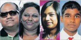  ??  ?? From left, Mogamberry Kandasamy is accused of killing his wife Varsha, daughter Melarisa and son Megandren. He has now pleaded not guilty.