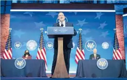  ?? CAROLYN KASTER/AP ?? Miguel Cardona, President-elect Joe Biden’s nominee for secretary of education, speaks after being introduced Wednesday in Wilmington, Delaware.