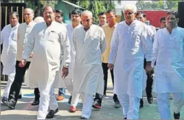  ?? SANJEEV SHARMA/HT ?? Indian National Lok Dal’s Abhay Chautala along with party leaders at Haryana Raj Bhawan in Chandigarh on Friday.