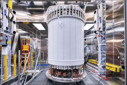  ?? (AP/Sanford Undergroun­d Research Facility/Matthew Kapust) ?? The LZ central detector is held in the clean room at Sanford Undergroun­d Research Facility after assembly and before beginning its journey undergroun­d in Lead, S.D.