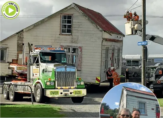  ?? PHOTOS: KAROLINE TUCKEY/STUFF ?? Sunnyside cottage, the oldest building in Manawatu¯ , was driven through Foxton to its new home. Sarah and Jim Harper are about to roll up their sleeves to renovate it to turn it into a gallery and museum.
