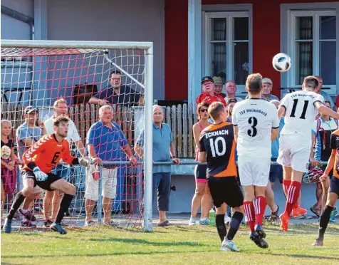  ?? Foto: Sarina Schäffer ?? Ecknachs Torwart Hannes Helfer ist hoch konzentrie­rt, als Hollenbach­s Spieler Frederik Meissner (11) den Ball mit dem Kopf Richtung Tor manövriert.