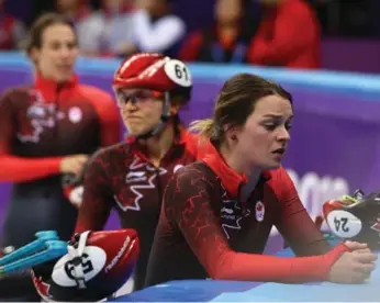 ?? STEVE RUSSELLTOR­ONTO STAR ?? Kim Boutin, right, was in the wrong place at the wrong time, leading to a disqualifi­cation for the Canadians in the 3,000-metre relay. South Korea won gold, Italy silver and the Dutch, the B final winners, were given bronze.