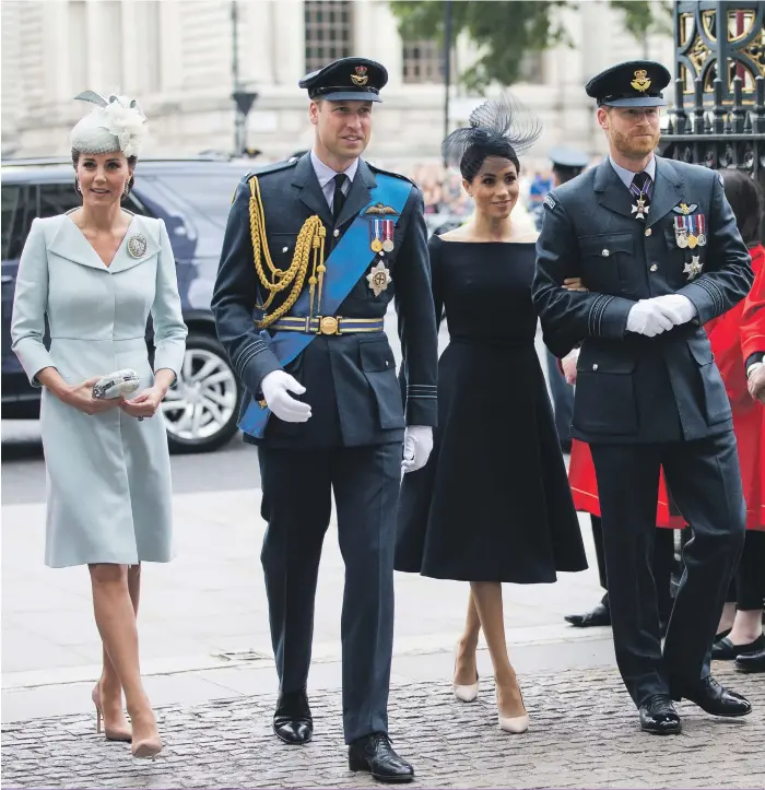  ??  ?? Catherine and William, the Duchess and Duke of Cambridge, with Meghan and Harry, the Duchess and Duke of Sussex. Catherine and Meghan are thought to be at odds Rex; Shuttersto­ck