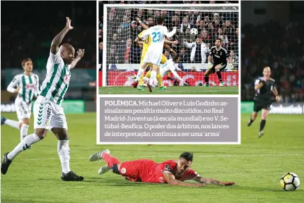  ??  ?? POLÉMICA. Michael Oliver e Luís Godinho assinalara­m penáltis muito discutidos, no Real Madrid-Juventus (à escala mundial) e no V. Setúbal-Benfica. O poder dos árbitros, nos lances de interpreta­ção, continua a ser uma ‘arma’