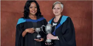  ??  ?? received the Hydromed Floating Trophy for the Bridging Course for Enrolled Nurses Leading to Registrati­on as General Nurse. It is awarded to the learner(s) who obtained at least 70% in the theory examinatio­n and 80% in practical examinatio­n. Phelokazi Gxashi (left) and Jenine Owen Gxashi and Owen also received the MHR Floating Trophy (awarded by Medi-Nurse) for the Bridging Course for Enrolled Nurses Leading to Registrati­on as General Nurse. It is awarded to the learner(s) who obtained at least 80% in the South African Nursing Council practical examinatio­n.