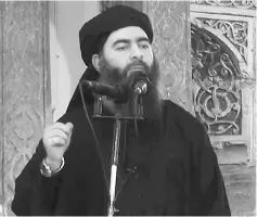  ??  ?? File photo shows an image grab, taken from a propaganda video released by al-Furqan Media, allegedly showing Baghdadi addressing Muslim worshipper­s at a mosque in the militant-held northern Iraqi city of Mosul. — AFP photo
