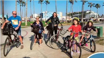  ?? ?? ROAD TRIP: The family on bikes at Venice Beach. Above:
The harbour at whalewatch­ing base Dana Point, and (inset) queueing for the famous frozen bananas. Below: Pretty bufflehead ducks