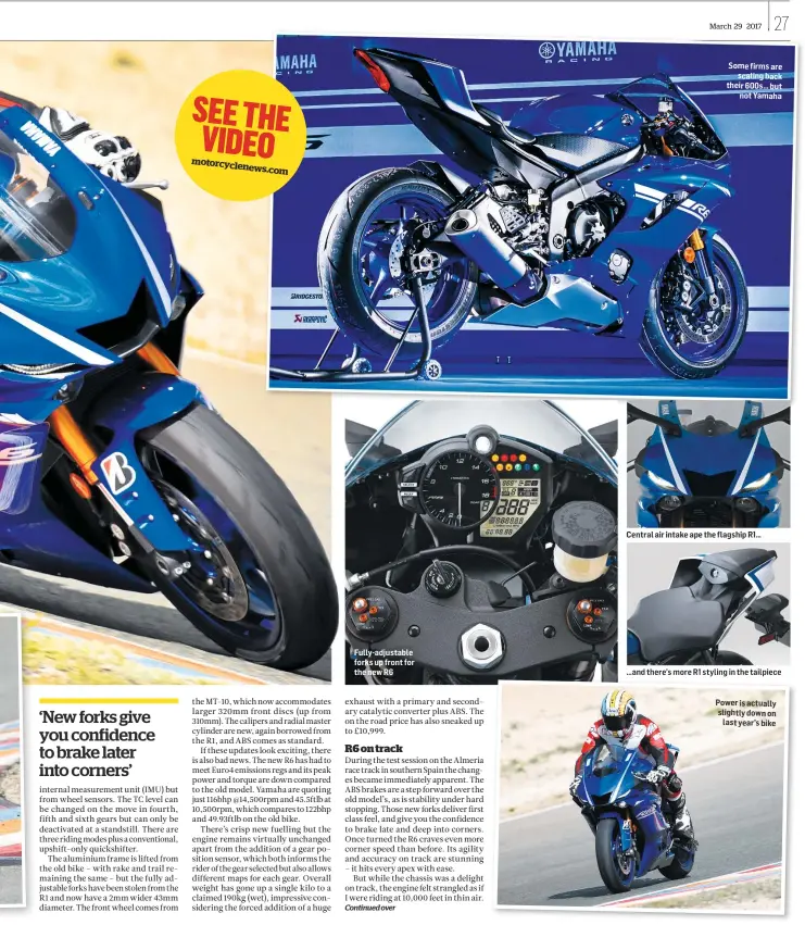  ??  ?? Some firms are scaling back their 600s… but not Yamaha Central air intake ape the flagship R1… Power is actually slightly down on last year’s bike Fully-adjustable forks up front for the new R6