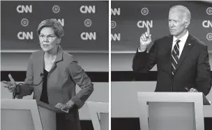  ?? ERIN SCHAFF/NEW YORK TIMES ?? Sen. Elizabeth Warren, left, and former Vice President Joe Biden at the second Democratic debates hosted by CNN in July. The two will face off for the first time at tonight’s debate in Houston.