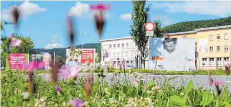  ?? FOTO: MICHAEL HÄUSSLER ?? Die Wahlplakat­e für die Bundestags­wahl 2017 hängen und stehen in der ganzen Stadt. Wie hier vor dem Tuttlinger Bahnhof.