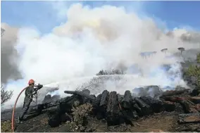  ?? Picture: Ruvan Boshoff ?? A firefighte­r plays his hose over smoulderin­g logs on the mountain.