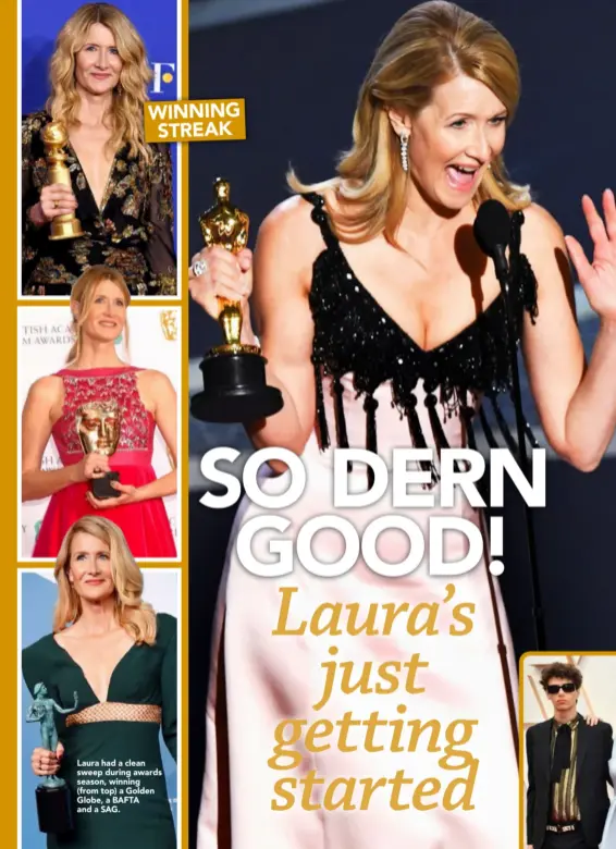  ??  ?? Laura had a clean sweep during awards season, winning
(from top) a Golden Globe, a BAFTA and a SAG.