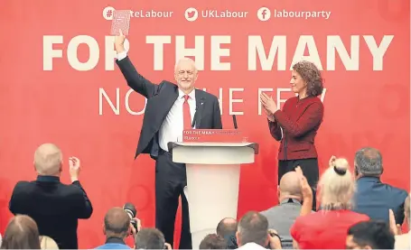  ?? Picture: PA. ?? Jeremy Corbyn on stage with Rotherham candidate Sarah Champion at the launch in Bradford of the Labour Party manifesto for the general election.