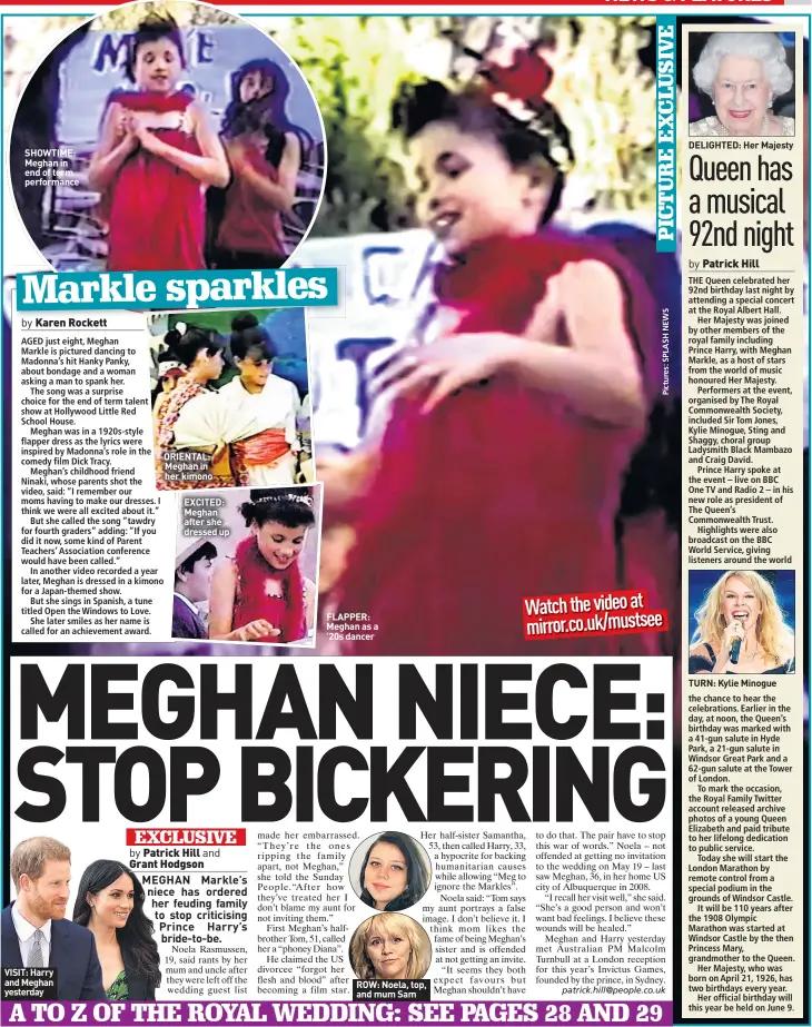  ??  ?? SHOWTIME: Meghan in end of term performanc­e VISIT: Harry and Meghan yesterday ORIENTAL: Meghan in her kimono EXCITED: Meghan after she dressed up FLAPPER: Meghan as a ’20s dancer ROW: Noela, top, and mum Sam DELIGHTED: Her Majesty TURN: Kylie Minogue