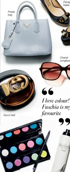  ??  ?? Prada bag Gucci belt Chanel sunglasses