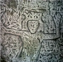  ??  ?? ABOVE LEFT: Some of the intriguing carvings in Royston Cave, Hertfordsh­ire. ABOVE RIGHT: Margate’s mysterious Shell Grotto. BELOW: A witch bottle on display at Boscastle’s famous Museum of Witchcraft and Magic.