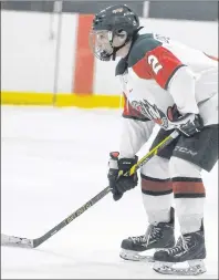  ?? JASON SIMMONDS/JOURNAL PIONEER ?? Defenceman Charlie DesRoches of Days Corner lines up for the Kensington Monaghan Farms Wild during a New Brunswick/P.E.I. Major Midget Hockey League game at Community Gardens last season.