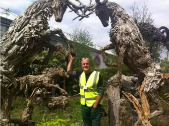  ??  ?? Locking horns: sculptor James Doran-Webb used steel and driftwood for his creations