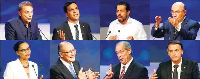  ?? FOTOS NILTON FUKUDA/ESTADÃO ?? Confronto na TV. No sentido horário, Alvaro Dias, Cabo Daciolo, Guilherme Boulos, Henrique Meirelles, Jair Bolsonaro, Ciro Gomes, Geraldo Alckmin e Marina Silva