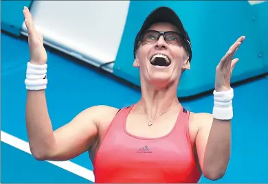  ?? AARON FAVILA / AP ?? Mirjana Lucic-Baroni of Croatia celebrates her fourth-round victory over American Jennifer Brady at the Australian Open in Melbourne on Monday. The 34-year-old former child prodigy reached her first Grand Slam quarterfin­al in 18 years.