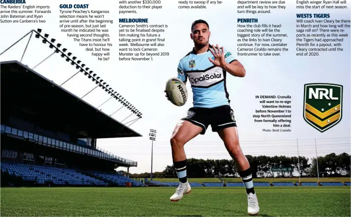  ?? Photo: Brett Costello ?? IN DEMAND: Cronulla will want to re-sign Valentine Holmes before November 1 to stop North Queensland from formally offering him a deal.
