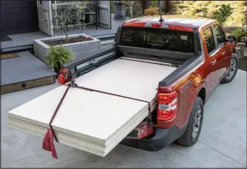  ?? ?? The key question about the Maverick regards its capabiliti­es as a pickup. As in: Does it have any? The bed might be only 4.5-feet long, but it’s four-feet wide. Ford says it has the capacity for 18 4x8 sheets of three-quarter-inch plywood.