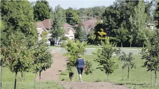  ?? MCINNIS, GAZETTE FILES ALLEN ?? A woman walks her dog in the Beaurepair­e dog park near the Angell Woods in this September 2016 photo.