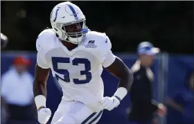  ?? MICHAEL CONROY — THE ASSOCIATED PRESS ?? Colts outside linebacker Darius Leonard runs a drill during 2019 training camp in Westfield, Ind.