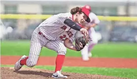  ?? ERIC RUEB/PROVIDENCE JOURNAL ?? East Providence starter Tyler DiCecco, above, and reliever Dylan Annicelli combined for a two-hit shutout of Barrington on Monday.