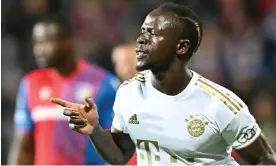 ?? Photograph: Joe Klamar/AFP/Getty Images ?? Sadio Mané celebrates after opening the scoring for Bayern Munich with 10 minutes on the clock.