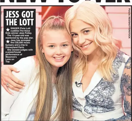  ??  ?? SINGER Pixie Lott cuddles The Voice Kids winner Jess Folley.
The 13-year-old was mentored by the pop star. Jess has scooped the £30,000 music bursary and a trip to Disneyland Paris.
She wowed judges with a powerhouse performanc­e of Beyonce’s Love on...