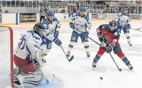  ??  ?? Dundee CCS Stars’Tommaso Traversa attacks the Fife Flyers goal. The Italian internatio­nal player has been in good form since joining Stars.