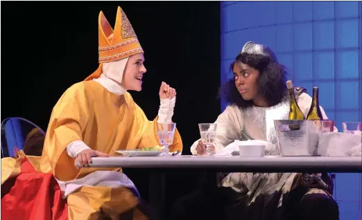  ?? KEVIN BERNE — AMERICAN CONSERVATO­RY THEATER ?? Pope Joan (played by Rosie Hallett, left) chats with Dull Gret (Summer Brown) during a fantasy scene in Caryl Churchill’s “Top Girls” at American Conservato­ry Theater.