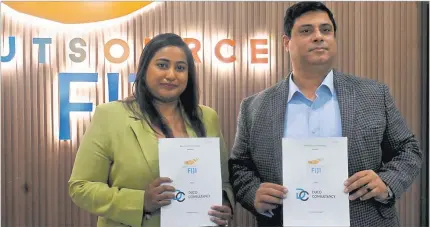  ?? Picture: MERI RADINIBARA­VI ?? Outsource Fiji executive director Sagufta Janif, left, and Duco Consultanc­y founder and chief executive officer (CEO) Chandan Ohri at Outsource Fiji office in Garden City, Raiwai yesterday.