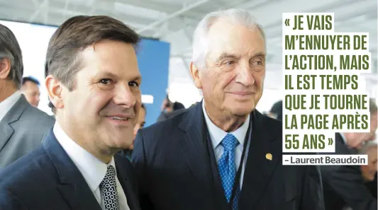  ?? PHOTO BEN PELOSSE ?? Laurent Beaudoin (à droite) a assisté hier à Montréal à sa dernière assemblée annuelle à titre d’administra­teur de Bombardier. Le PDG de l’entreprise Alain Bellemare (à gauche) a, par ailleurs, annoncé, aussi hier, la vente de l’aéroport Downsview, à...