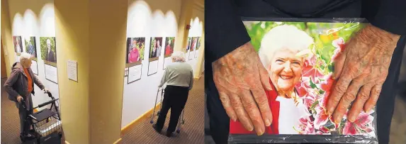  ?? KEN LAMBERT/TNS ?? Residents of The Summit at First Hill browse the home’s show, “Faces of the Summit,” a project of more than 20 portraits of residents between the ages of 85 and 102. At right, Essie Fleisch holds a copy of her photo, given to her for participat­ing in...