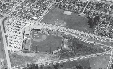  ?? HARRY CANTLON/ POSTMEDIA NEWS FILES ?? This May 14, 1957 aerial photo shows Capilano Stadium ( now Nat Bailey Stadium) in Vancouver. Opened in 1951, it cost $ 550,000 to build.