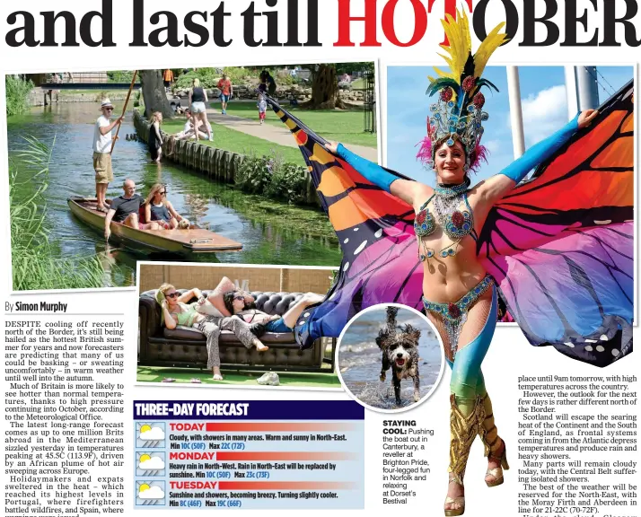  ??  ?? STAYING
COOL: Pushing the boat out in Canterbury, a reveller at Brighton Pride, four-legged fun in Norfolk and relaxing at Dorset’s Bestival