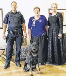  ?? CONTRIBUTE­D PHOTO ?? Truro Police Constable Scott Milbury and Truro Police Dog Onyx, joined Carol Atkinson, chair of the Order of the Eastern Star Grand Chapter service dog program, and Marianne Shenefelt, Most Worthy Grand Matron of the order, during a recent gathering in Truro. The Order of the Eastern Star provides financial assistance to programs that train service dogs to assist people. Donations collected by the Treasured Memories grand chapter will go to help Nova Scotia and Prince Edward Island residents waiting for Dog Guides.