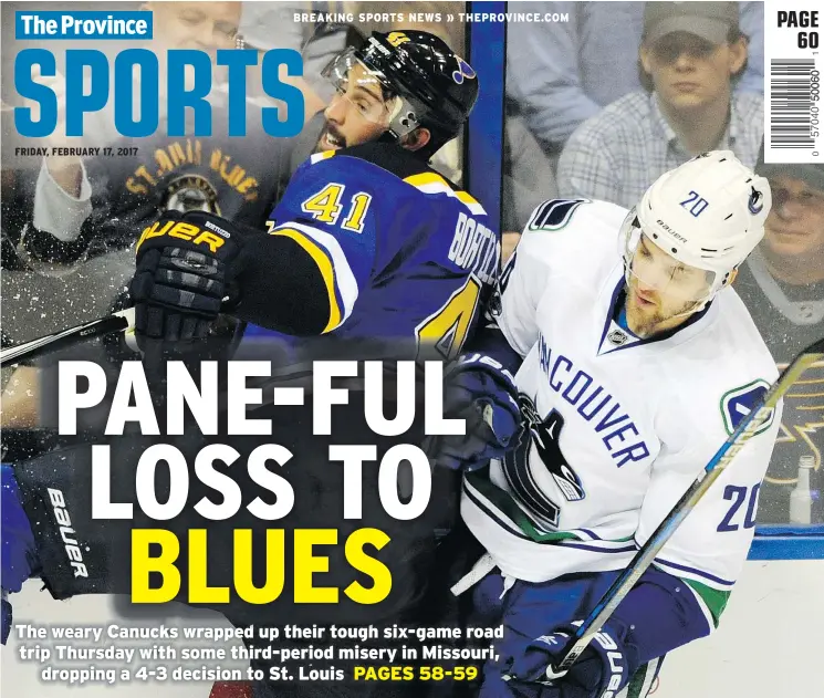  ?? — THE ASSOCIATED PRESS ?? Robert Bortuzzo of the St. Louis Blues was a royal pain in the glass for Brandon Sutter of the visiting Vancouver Canucks on Thursday.