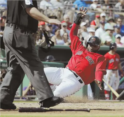  ?? AP PHOTO ?? SAFE! Pablo Sandoval scores from second on a single by teammate Deven Marrero in the second inning of yesterday’s game against the Yankees in Fort Myers.