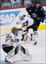  ?? AP/JOHN WOODS ?? Vegas Golden Knights goaltender Marc-Andre Fleury makes the save during the first period in Game 1 of the NHL’s Western Conference Final against the Winnipeg Jets.
