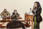  ?? Elizabeth Williams / Associated Press ?? In this courtroom sketch, Kitti Jones tearfully recounts abuse she suffered at the hands of Kelly.