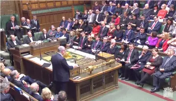  ?? — AFP photo ?? A video grab from footage broadcast by the UK Parliament’s Parliament­ary Recording Unit (PRU) shows Cox as he stands and delivers a statement on the Government’s legal position on the Withdrawal Agreement, in the House of Commons in London.