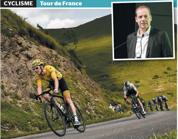  ?? PHOTOS D’ARCHIVES ?? Le vainqueur du Tour de France 2018, Geraint Thomas, suivi par son coéquipier de la Sky Christophe­r Froome, lors de la 17e étape, en juillet dernier. En mortaise, le directeur Christian Prudhomme lors de l’annonce du départ à Bruxelles pour l’édition 2019, en janvier.